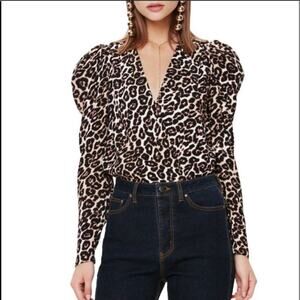 AFRM Revolve women's leopard print Nora plunging V long sleeve body suit Small